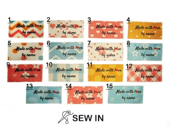 Personalised Custom Made With Love By Your Name Full Colour Sew In On Garment Labels Tags 25x40mm