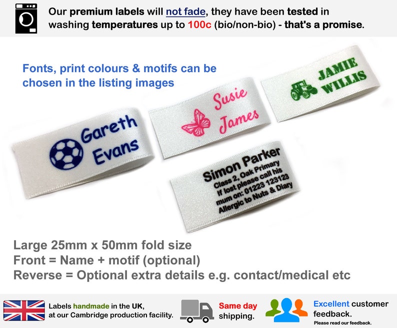 May include: White iron-on labels with different designs and names. The labels are 2.5 inches by 2 inches and are made in the UK. The labels are machine washable up to 100 degrees Celsius.