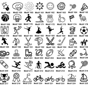 May include: Black and white illustrations of various sports and activities, including baseball, basketball, soccer, swimming, cycling, and more. Each illustration is labeled with a number and the word "Motif".