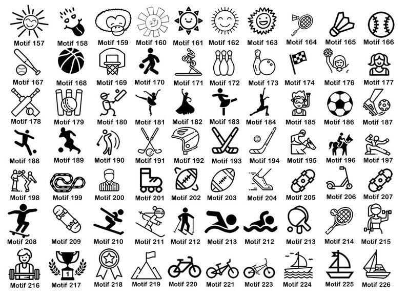 May include: Black and white illustrations of various sports and activities, including baseball, basketball, soccer, swimming, cycling, and more. Each illustration is labeled with a number and the word "Motif".