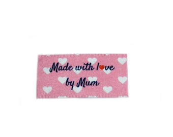 Made with love by Mum labels tags for craft and handmade items - Sew In Colour Background - 25x40mm Flat