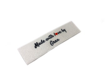 Made with Love by Gran Labels In White  - Flat 15x50 -  40 Pack - Sew On