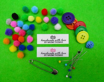 Personalised Handmade with love sew on Craft Fabric Garment Labels Tags - Sewing Crochet Knitted Handmade 50mm x 15mm (SL FLAT 2 - D5)