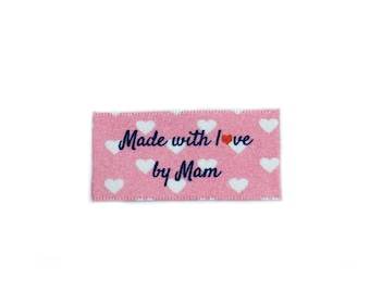 Made with love by Mam labels tags for craft and handmade items - Sew In Colour Background - 25x40mm Flat