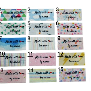 Personalised Made with love by name 15 Modern/Retro Designs Assorted Sew On Clothing Garment Tags Labels 40 x 25mm