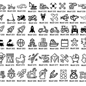 May include: A set of 30 black and white illustrations of various children's toys and objects. The illustrations are numbered and labeled with the word "Motif" followed by a number. The illustrations include a car, a scooter, a motorcycle, a plane, a rocket, a train, a basketball, a house, a boat, a gingerbread man, a baby rattle, a doll, a guitar, a helicopter, a kite, a stroller, a puzzle, a stacking toy, a lollipop, a robot, a rocking horse, a bucket, a slingshot, a teddy bear, and a train.
