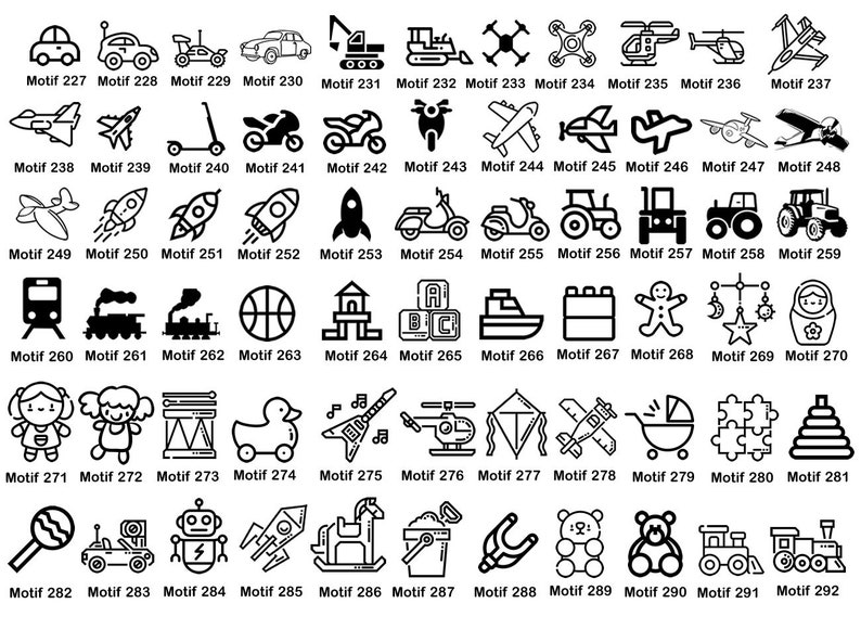 May include: A set of 30 black and white illustrations of various children's toys and objects. The illustrations are numbered and labeled with the word "Motif" followed by a number. The illustrations include a car, a scooter, a motorcycle, a plane, a rocket, a train, a basketball, a house, a boat, a gingerbread man, a baby rattle, a doll, a guitar, a helicopter, a kite, a stroller, a puzzle, a stacking toy, a lollipop, a robot, a rocking horse, a bucket, a slingshot, a teddy bear, and a train.