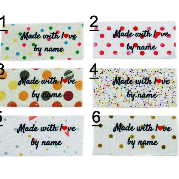 Personalised Custom Polka Dot Design Made with love by name Sew On Clothing Garment Tags Labels 40 x 25mm