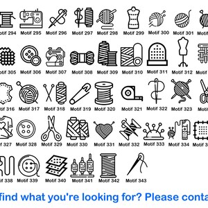 May include: Black and white line art illustrations of sewing and knitting motifs. The illustrations include a bicycle, a sewing machine, yarn, needles, scissors, fabric, and a thimble.