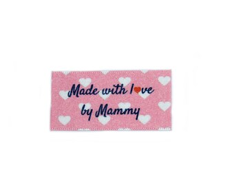 Made with love by Mammy labels tags for craft and handmade items - Sew In Colour Background - 25x40mm Flat