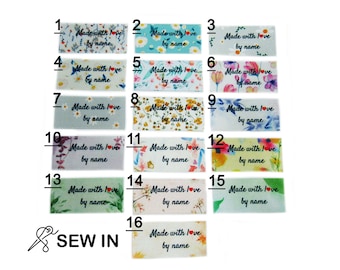 Personalised Custom Made With Love By  Modern & Watercolour Floral Flower Designs Sew In On Garment Labels Tags 25x40mm