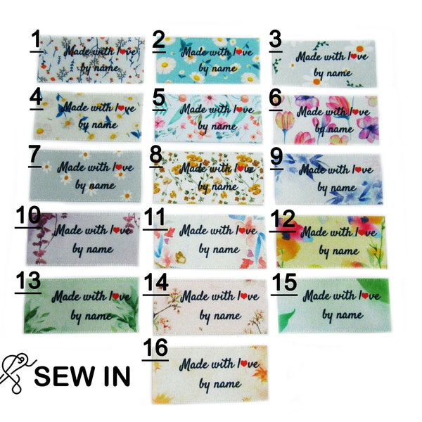 Personalised Custom Made With Love By  Modern & Watercolour Floral Flower Designs Sew In On Garment Labels Tags 25x40mm