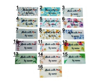 Personalised Custom Made With Love By  Modern & Watercolour Floral Flower Designs Sew In On Garment Labels Tags 25x40mm