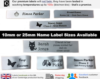 Personalised 25mm and 10mm SILVER Back To School Washproof & Waterproof Non-Fading Sew In Name Labels