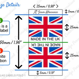 May include: A folded label with a Union Jack design. The label is 1.96 inches wide and 0.98 inches tall. The label says "Made in the UK" in white text on a green background. The label is suitable for use as a fold label.