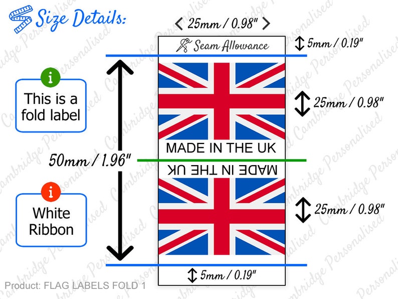 May include: A folded label with a Union Jack design. The label is 1.96 inches wide and 0.98 inches tall. The label says "Made in the UK" in white text on a green background. The label is suitable for use as a fold label.