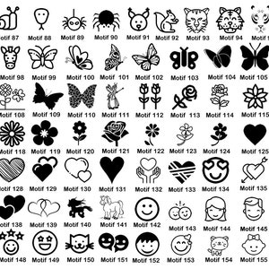 May include: A sheet of black and white illustrations of various motifs, including animals, flowers, hearts, and smiley faces. Each motif is labeled with a number and the word "Motif".