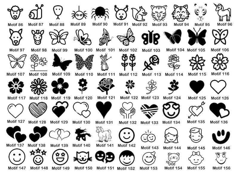 May include: A sheet of black and white illustrations of various motifs, including animals, flowers, hearts, and smiley faces. Each motif is labeled with a number and the word "Motif".