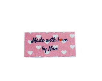 Made with love by Nan labels tags for craft and handmade items - Sew In Colour Background - 25x40mm Flat