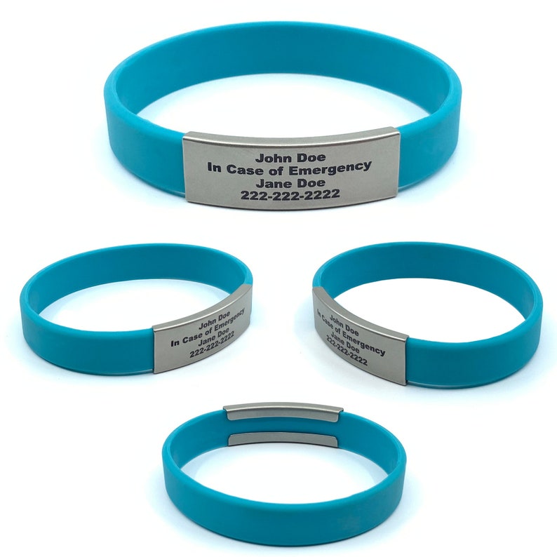 Aqua alert ID bracelet Small, Medium, or Large made of waterproof, durable, silicone rubber. Customizable for men, women, and children. Used for motivational bracelet, medical alert id bracelet, emergency bracelet with your contact information.