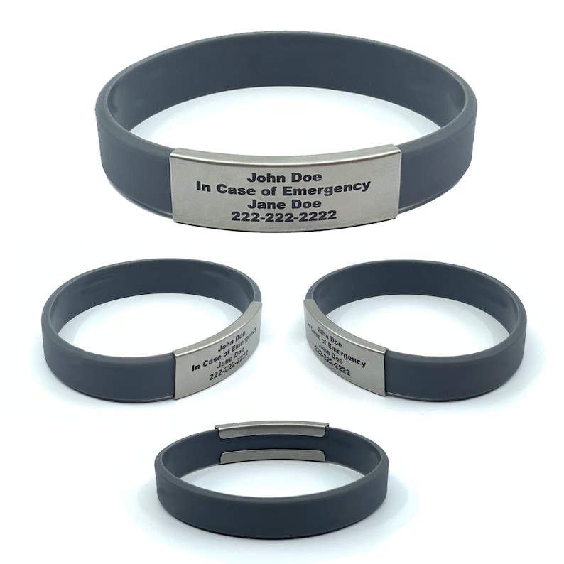 Gray alert ID bracelet Small, Medium, or Large made of waterproof, durable, silicone rubber. Customizable for men, women, and children. Used for motivational bracelet, medical alert id bracelet, emergency bracelet with your contact information.