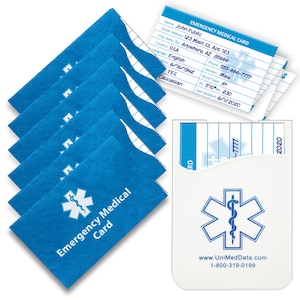 Paquete de 6 tarjetas de alerta médica para billetera con fundas protectoras Tarjeta médica de emergencia con símbolo médico Soporte adhesivo para tarjetas Teléfonos inteligentes