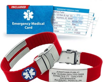 Braccialetto di allerta medica: ID inciso personalizzato, tessera di emergenza inclusa