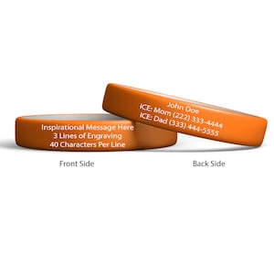Vibrant attention getting silicone alert ID bracelet. Clasp free, durable, fun colors, white engraving with 6 lines of engrave and 40 characters per line. Sizes Small 6 6/8, Medium 7 3/8, Large 8 3/8. Designed for men, women and children.