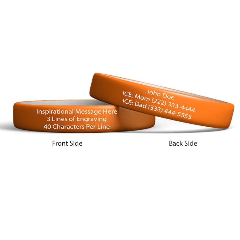 Vibrant attention getting silicone alert ID bracelet. Clasp free, durable, fun colors, white engraving with 6 lines of engrave and 40 characters per line. Sizes Small 6 6/8, Medium 7 3/8, Large 8 3/8. Designed for men, women and children.