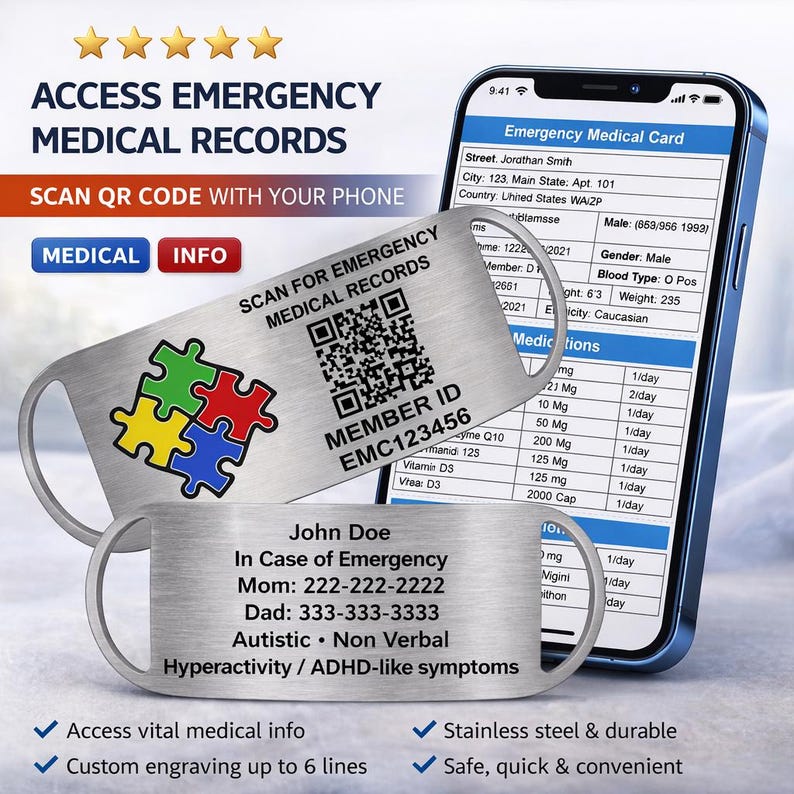 Autism Medical Alert QR Tag, Custom Engraved Id Tag, Nonverbal Safety ...