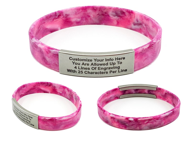 Pink Camo alert ID bracelet Small, Medium, or Large made of waterproof, durable, silicone rubber. Customizable for men, women, and children. Used for motivational bracelet, medical alert id bracelet, emergency bracelet with your contact information.