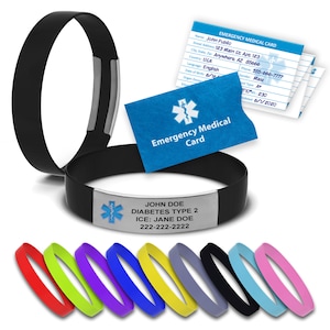 Medical Alert Bracelet Personalized Silicone Wristbands - Matte Finished Engraving Plate - Emergency Medical Card Included!