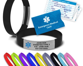 Medical Alert Bracelet Personalized Silicone Wristbands - Matte Finished Engraving Plate - Emergency Medical Card Included!