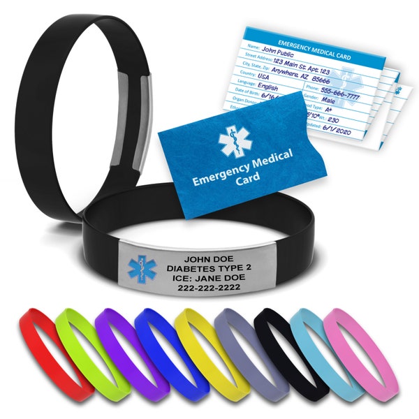 Medical Alert Bracelet Personalized Silicone Wristbands - Matte Finished Engraving Plate - Emergency Medical Card Included!