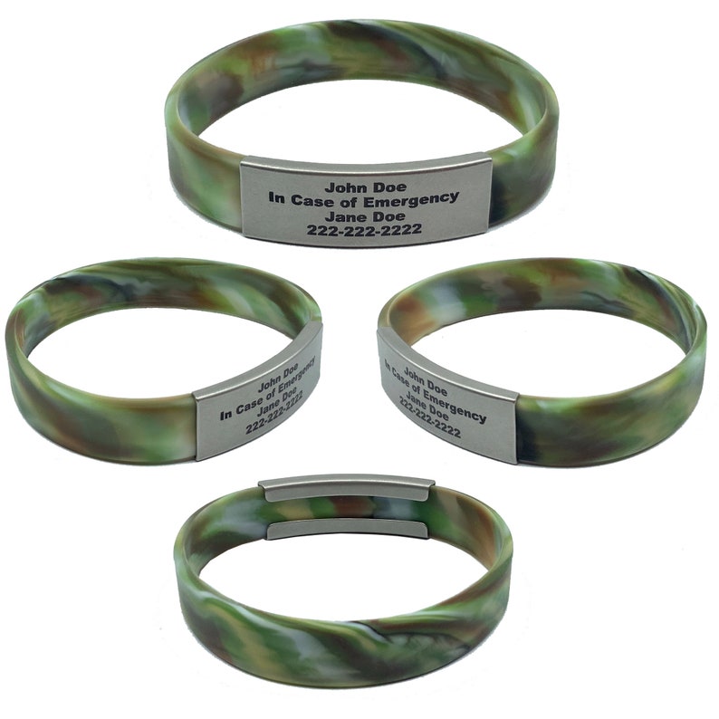 Green Camo alert ID bracelet Small, Medium, or Large made of waterproof, durable, silicone rubber. Customizable for men, women, and children. Used for motivational bracelet, medical alert id bracelet, emergency bracelet with your contact information.