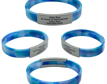 Engraved Blue Camo ID Bracelet: Waterproof Sports Alert