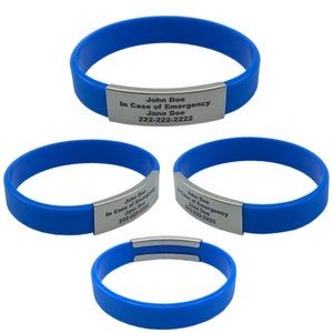 Blue alert ID bracelet Small, Medium, or Large made of waterproof, durable, silicone rubber. Customizable for men, women, and children. Used for motivational bracelet, medical alert id bracelet, emergency bracelet with your contact information.