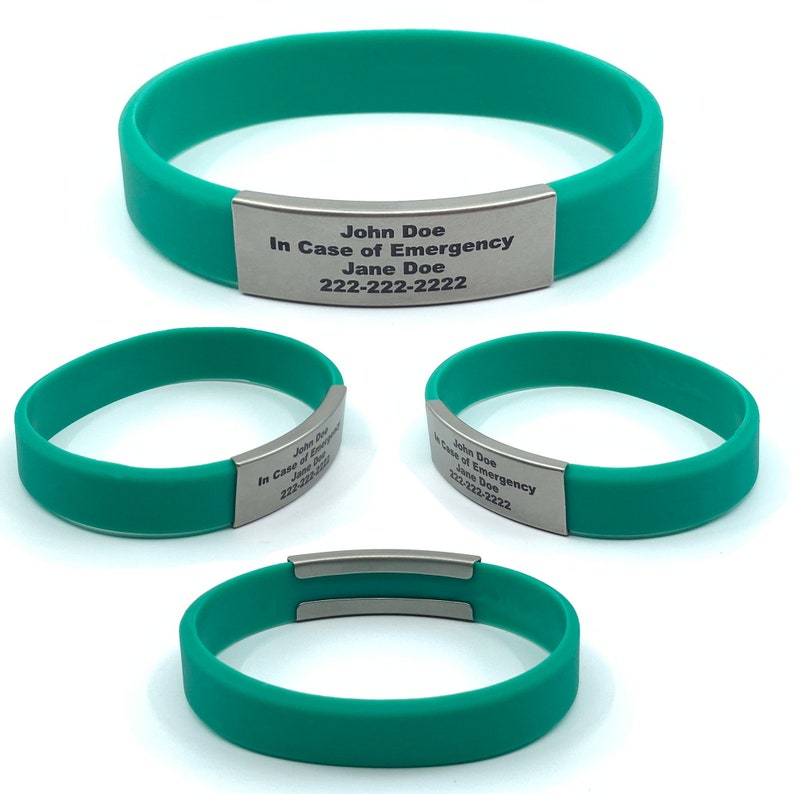 Teal alert ID bracelet Small, Medium, or Large made of waterproof, durable, silicone rubber. Customizable for men, women, and children. Used for motivational bracelet, medical alert id bracelet, emergency bracelet with your contact information.