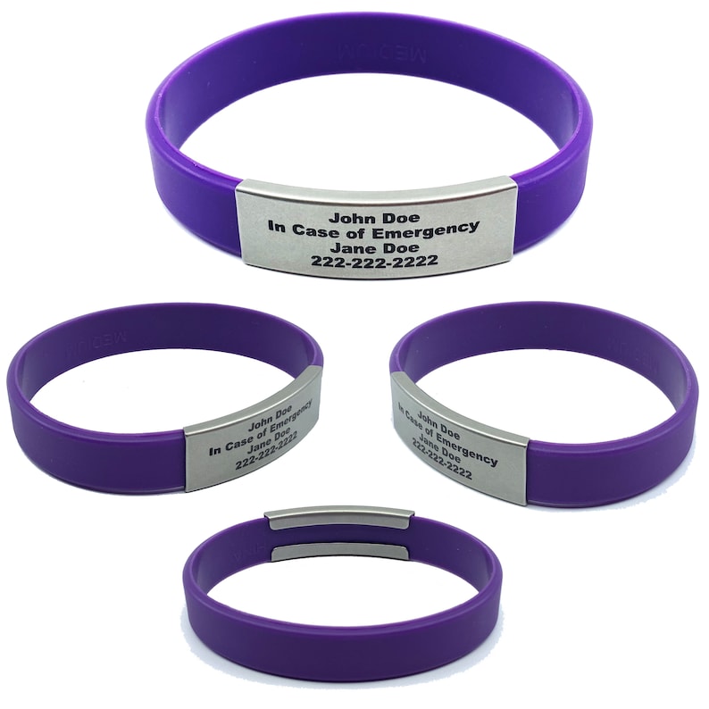 Purple alert ID bracelet Small, Medium, or Large made of waterproof, durable, silicone rubber. Customizable for men, women, and children. Used for motivational bracelet, medical alert id bracelet, emergency bracelet with your contact information.