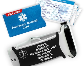 Custom Silicone Medical ID Tag for Watch Bands – Engraved Emergency Alert – Waterproof, Flexible, Hypoallergenic – Men & Women