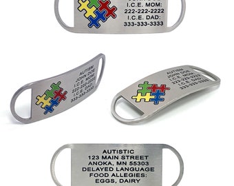 Autism Shoe Tag Medical Alert ID -  Customized Stainless Steel  Brush Finished Autistic ID Shoe Tag  measures at 2 Inch X 3/4 Inch