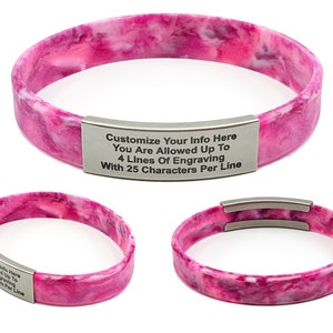 Pink Camo alert ID bracelet Small, Medium, or Large made of waterproof, durable, silicone rubber. Customizable for men, women, and children. Used for motivational bracelet, medical alert id bracelet, emergency bracelet with your contact information.
