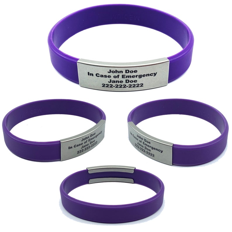 Purple alert ID bracelet Small, Medium, or Large made of waterproof, durable, silicone rubber. Customizable for men, women, and children. Used for motivational bracelet, medical alert id bracelet, emergency bracelet with your contact information.