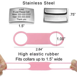 May include: A pink rubber dog collar extender with a stainless steel tag. The tag has the text "JUNE" and phone numbers for "Mom" and "Dad". The extender is 2.84 inches long and fits collars up to 1.5 inches wide.
