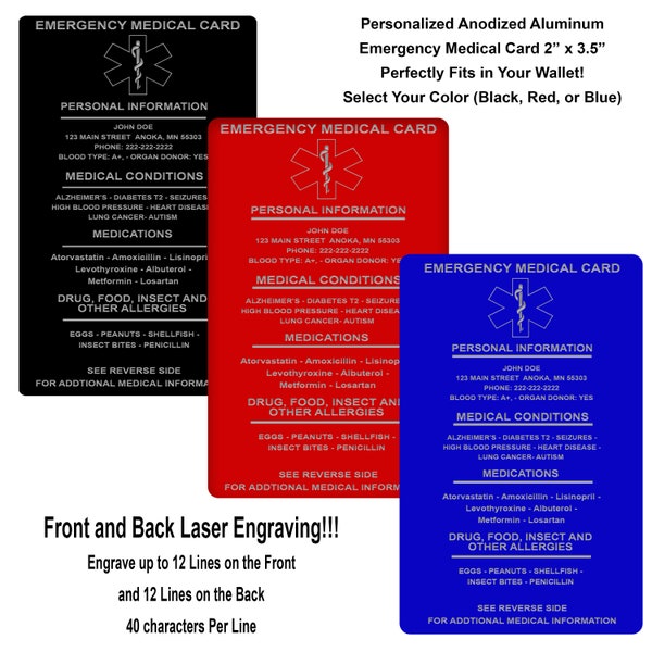 Tessera identificativa personalizzata per emergenze mediche: tessera portafoglio in alluminio anodizzato