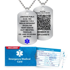 QR Medical Alert Dog Tags Necklace for Men -Customizable Laser Engraved 9 Lines, Beaded 27” Chain  - Free Full Personal Health Record Access
