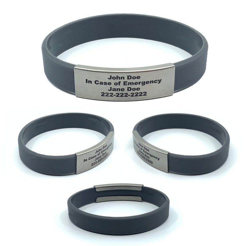 Grey alert ID bracelet Small, Medium, or Large made of waterproof, durable, silicone rubber. Customizable for men, women, and children. Used for motivational bracelet, medical alert id bracelet, emergency bracelet with your contact information.