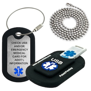 USB Medical Alert Necklace -  2&quot; x 1.25&quot; -  Stainless Steel Engraved Dog Tag Necklace - Medical ID Tag Emergency Med Alert Necklace USB