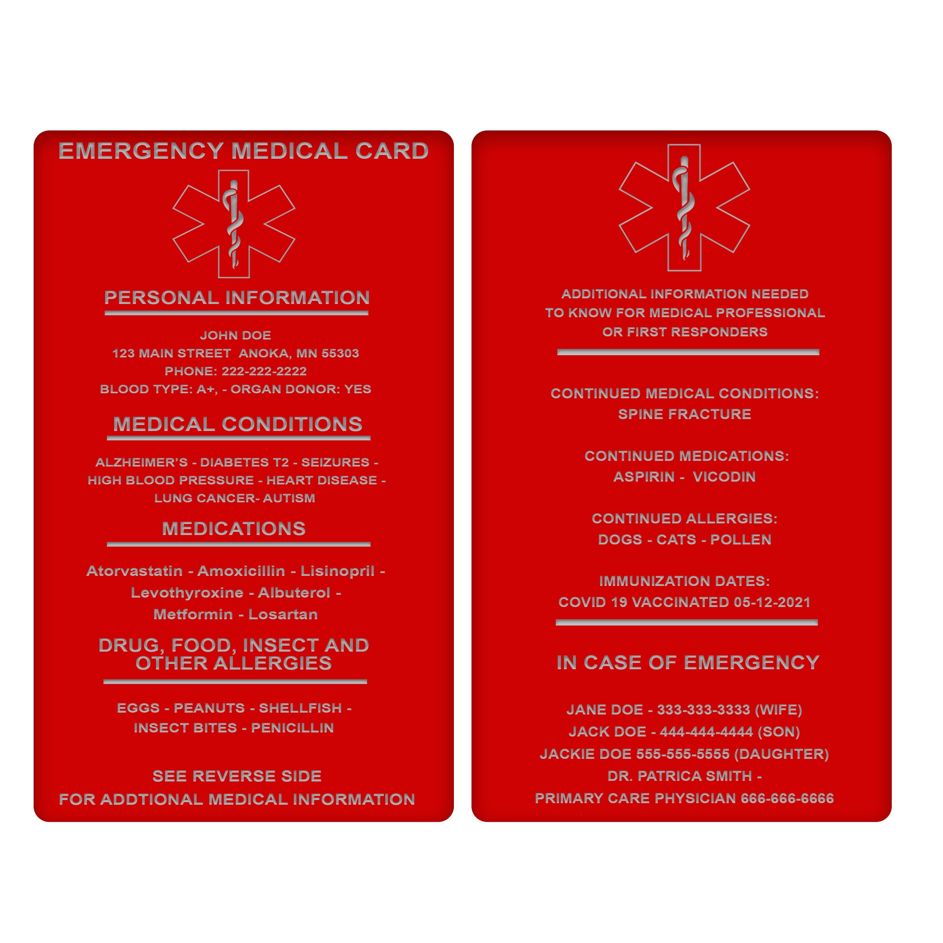Medical Emergency Wallet Card Medical Alert Medical ID Card | Etsy