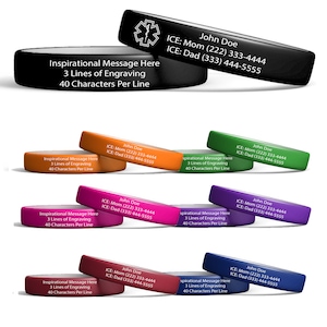 Medical Alert silicone alert ID bracelet. Clasp free, durable, fun colors, white engraving with 6 lines of engrave and 40 characters per line. Sizes Small 6 6/8, Medium 7 3/8, Large 8 3/8. Designed for men, women and children. Medical Star engraved.